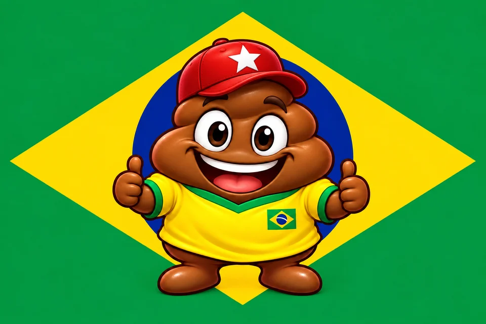 Bandeira do Brasil com um cocô sorridente de camiseta amarela e boné vermelho com uma estrela branca